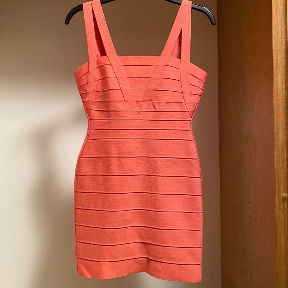 Coral Bodycon Herve Leger Mini Dress